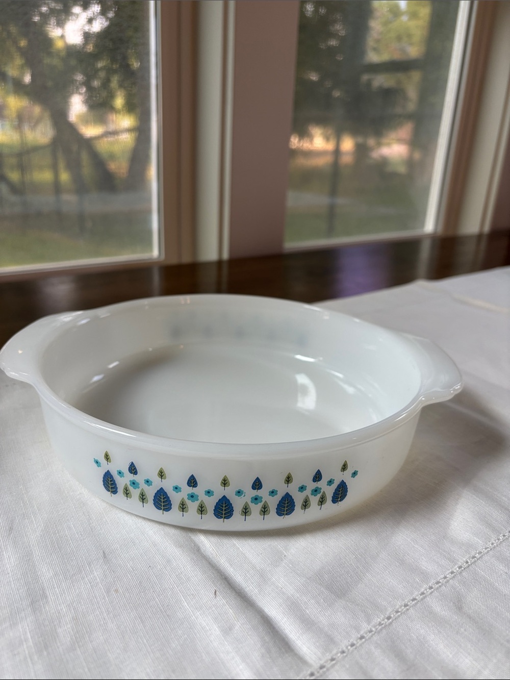 Vintage Fire King Milk Glass Round Baking Dish “Swiss Chalet” 10”